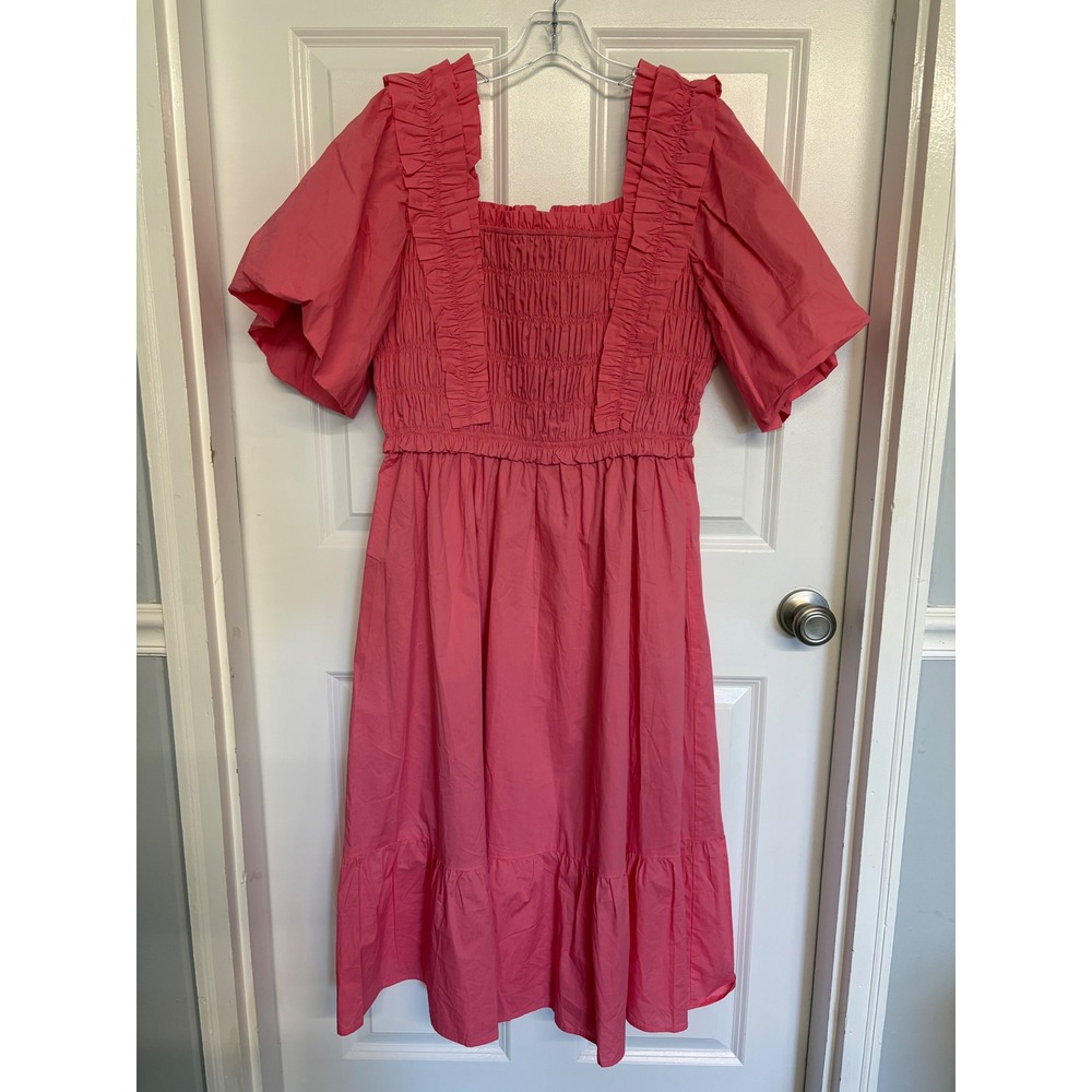 English Factory Ruffled Smocked Midi Dress Womens 1X Rose Pink Solid Puff Sleeve